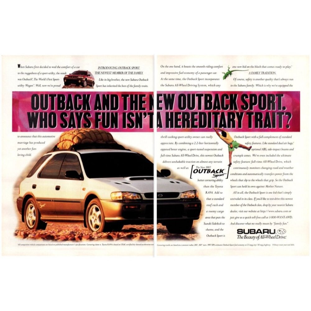 1997 Subaru Outback Sport 5 Door 2 Page Vintage Print Ad Offroad Camp Wall Art